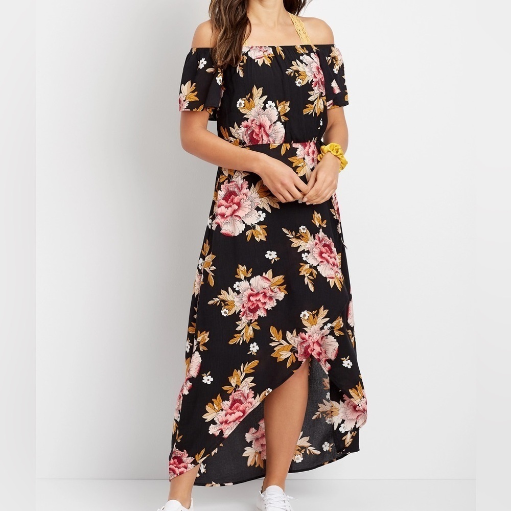 Maurices Women S Black Floral Boho Relaxed Off The Shoulder Faux Wrap Maxi Dress